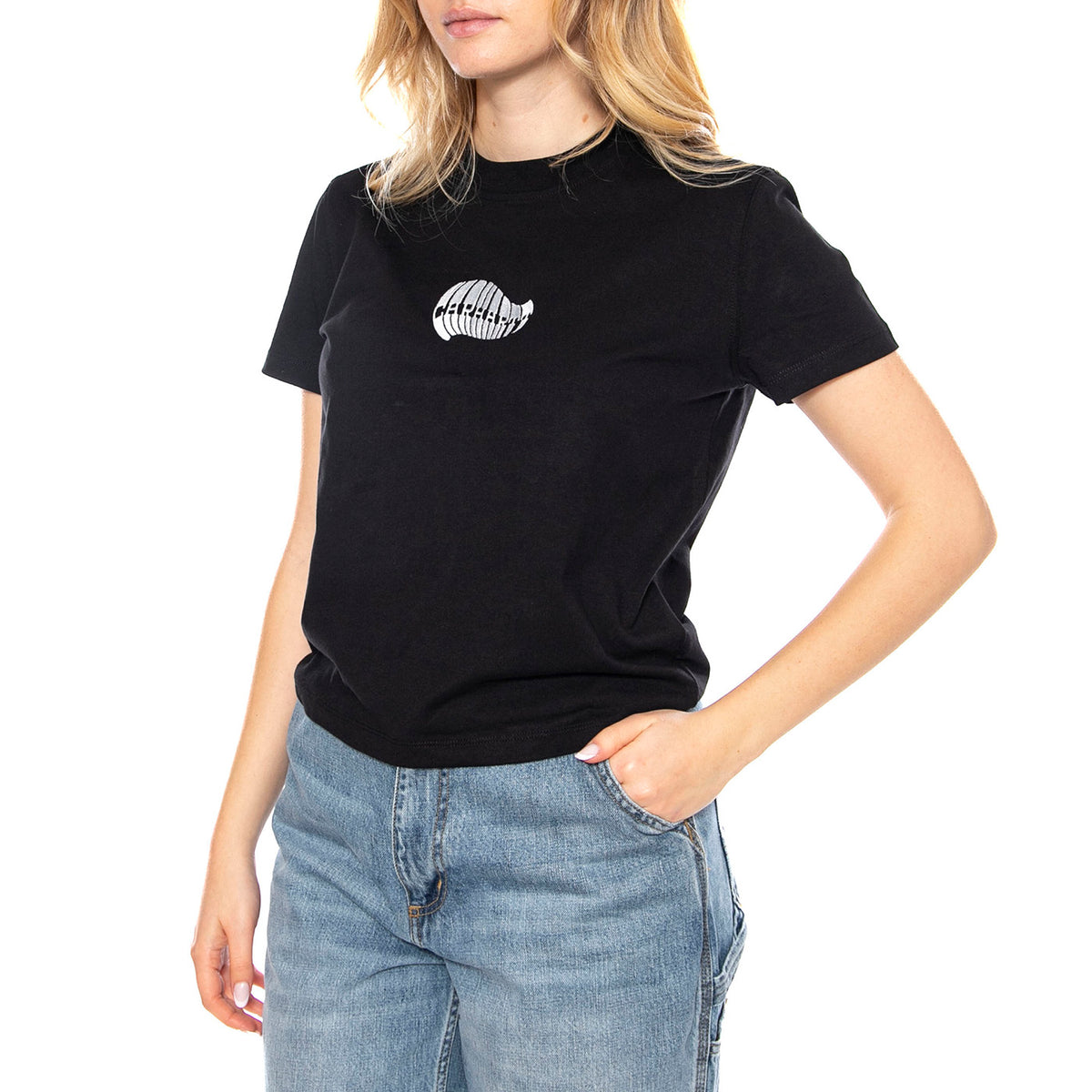 W' S/S PSSHH T-Shirt -- Maglietta Donna Nera / Blue Fog I035267-36A . CARHARTT WIP 
