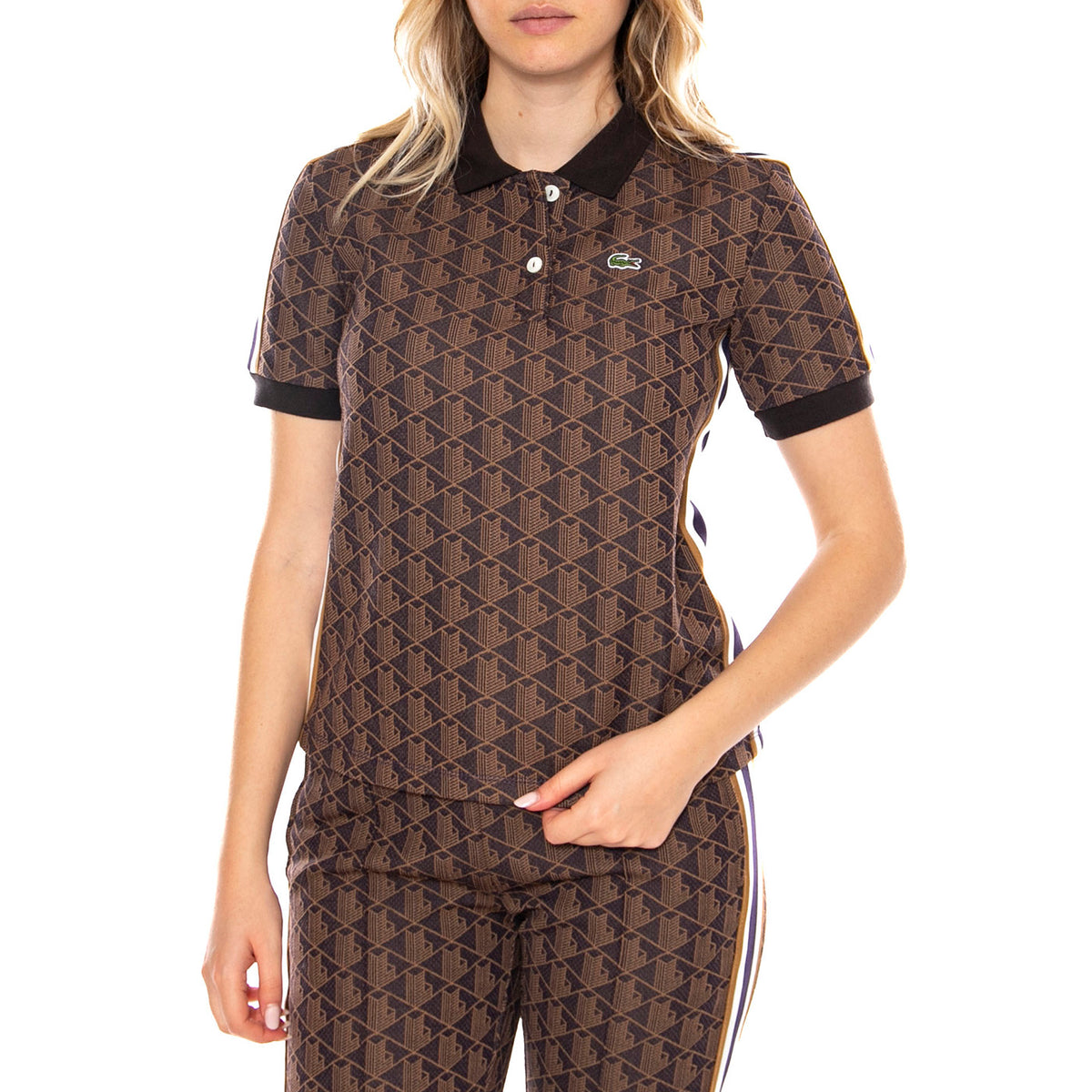 Polo Maglietta M/C 9I4 Lacoste -- Polo Donna Marrone con Logo All Over DF3364-9I4 . LACOSTE 
