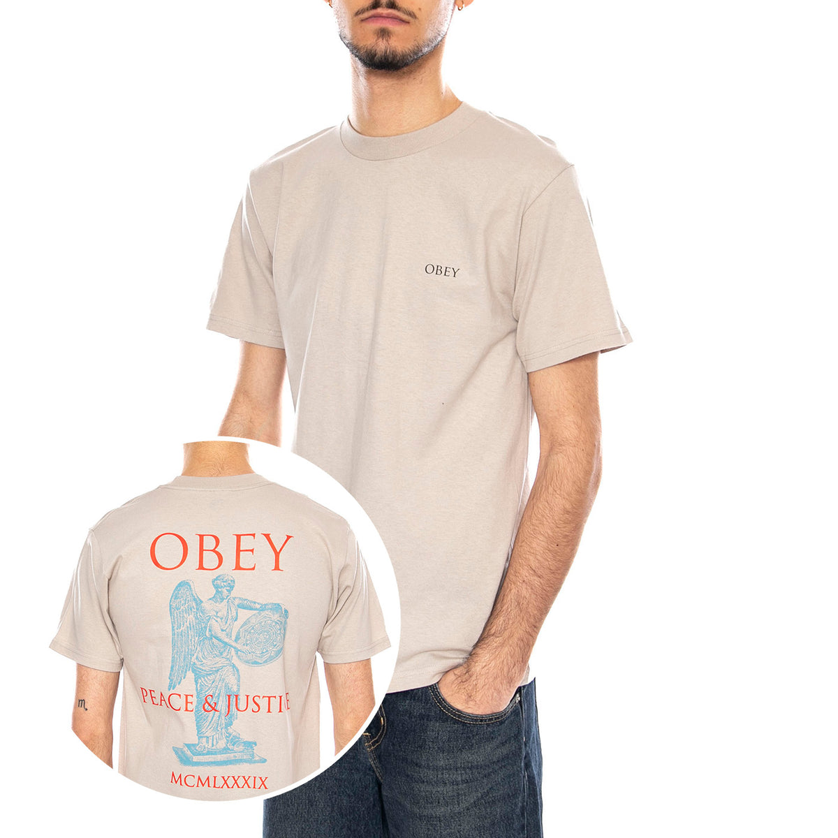 Obey Peace & Justice Statue Maglietta -- Maglietta Uomo Silver Grey 165264238 SIG OBEY 