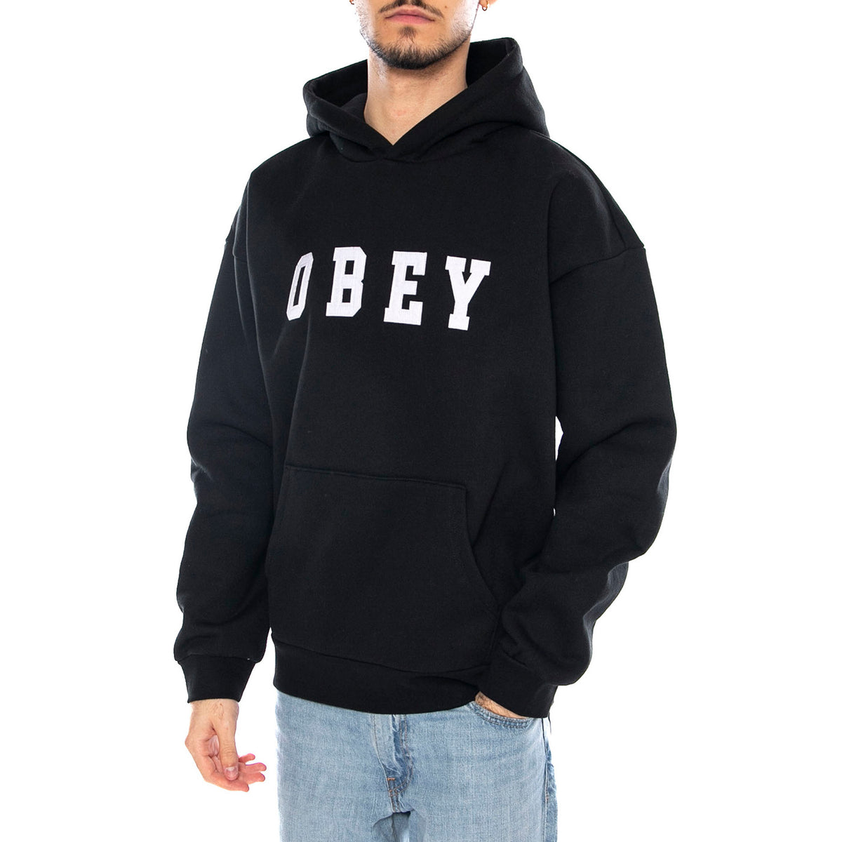 Obey Felt Extra Heavy Hood Fleece -- Felpa Uomo Nera 112470236 BLK OBEY 