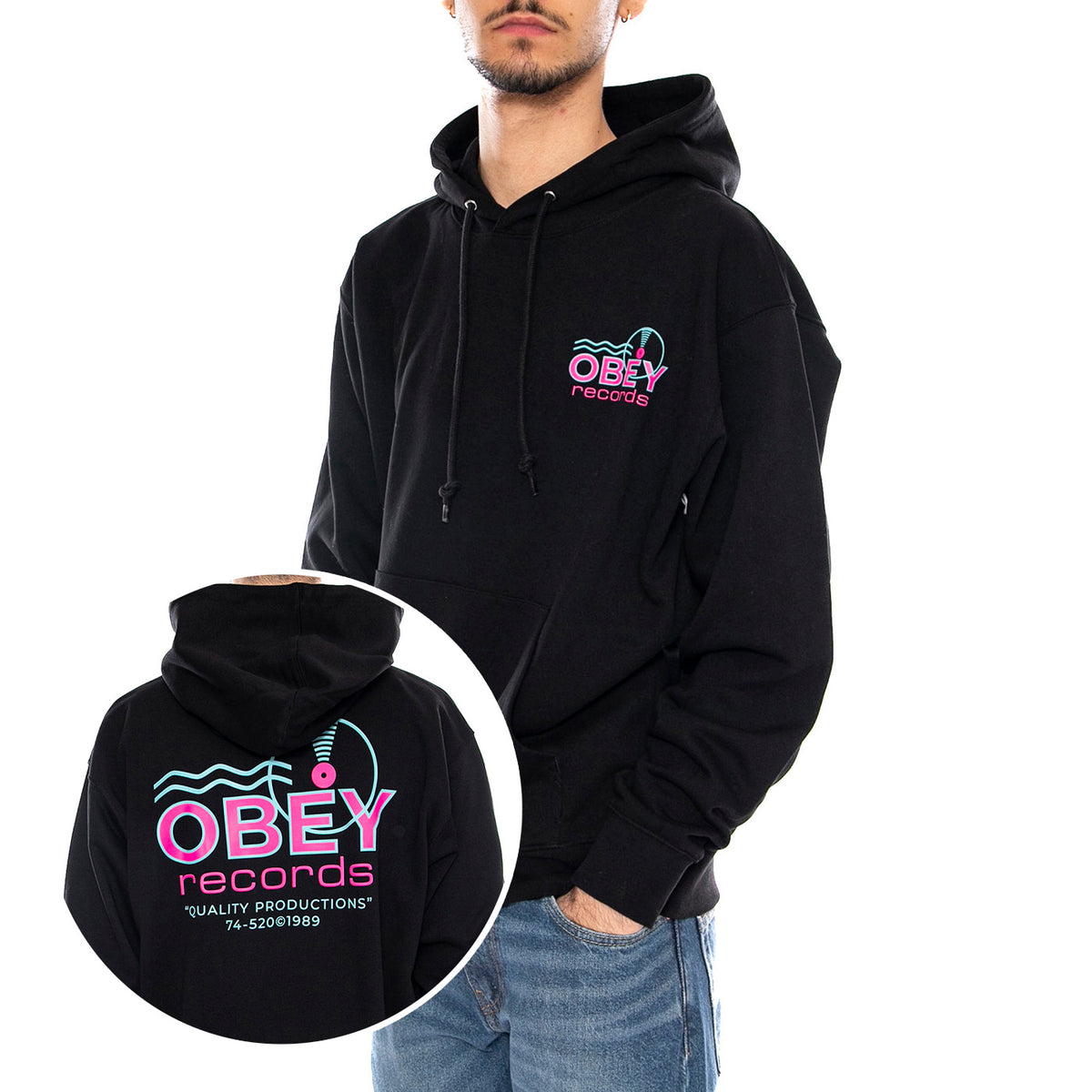 Obey Records Sound Waves Fleece Black -- Felpa con Cappuccio Uomo Nera 117464050 BLK OBEY 