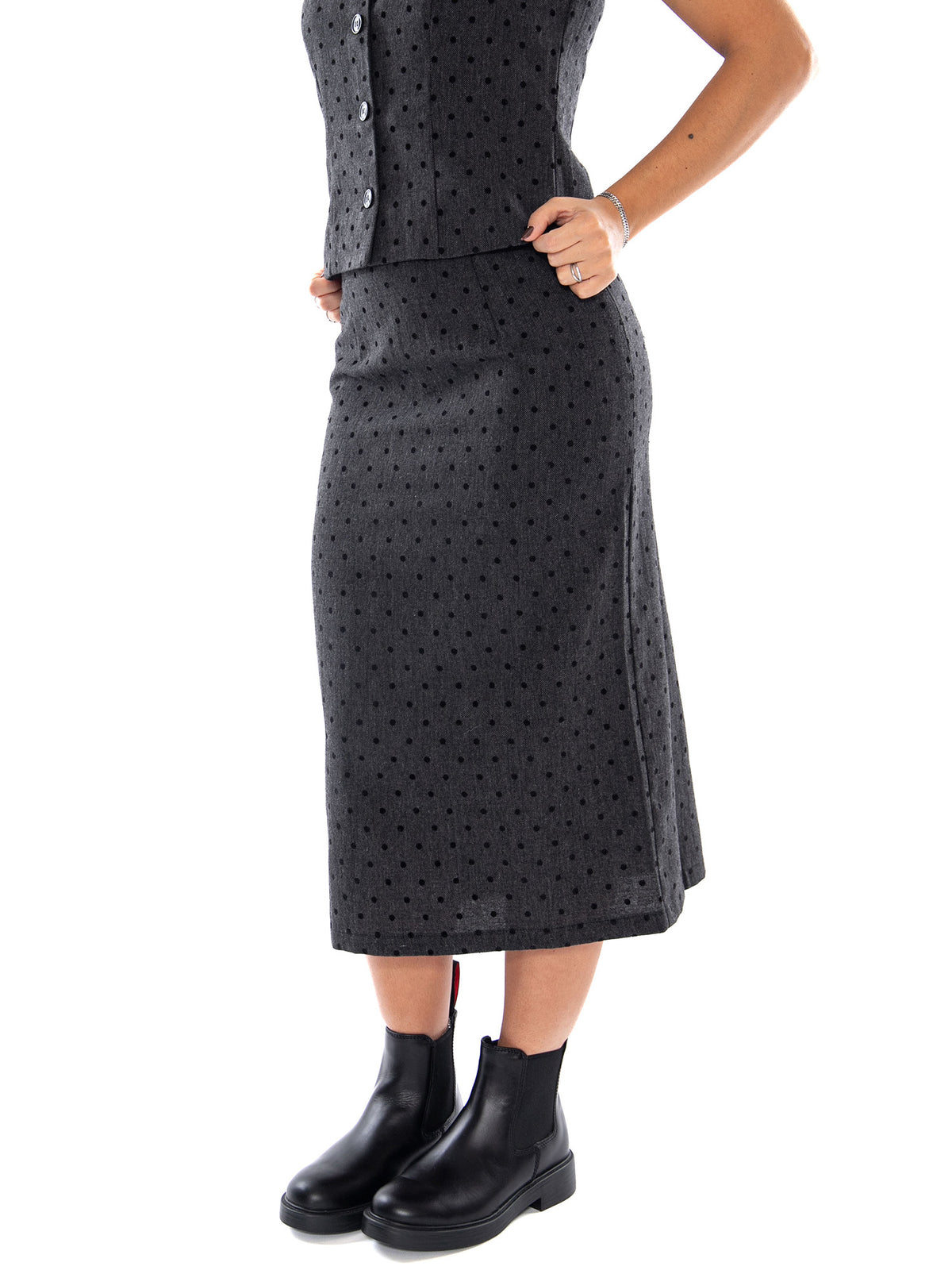 Compania Fantastica Falda Midi Tweed con Punto Negro Black - Gonna Midi Donna Nera in Tweed<BR/><BR/> 64C/11148 BLK COMPANIA FANTASTICA 