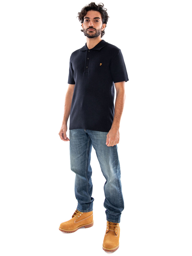 Farah Gerry Rib Knit Polo Navy - Polo Uomo in Maglia a Coste Blu Navy F4GFG001 NVY FARAH 