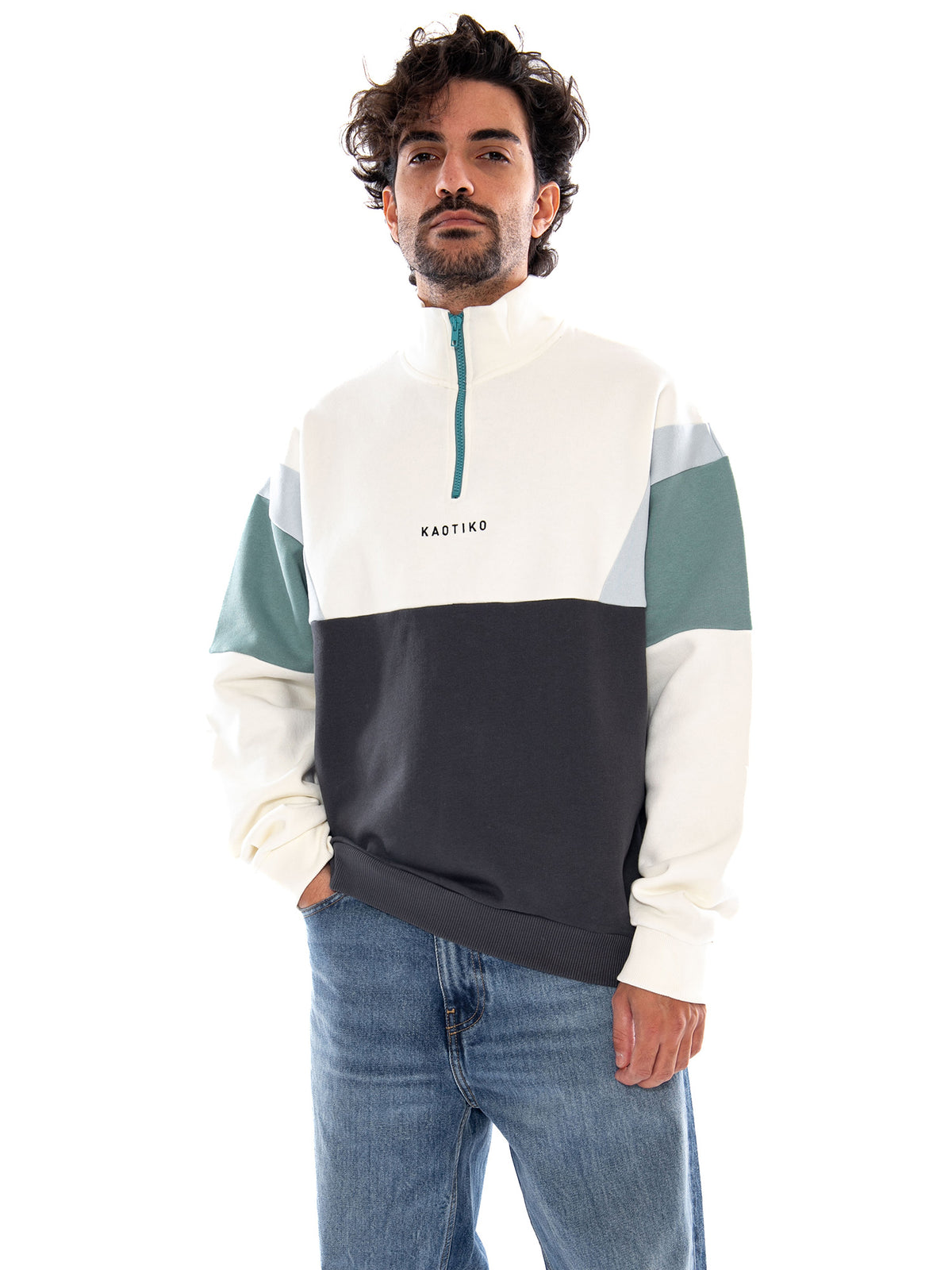 CREW ARTHUR IVORY/BLACK/NIAGARA - Felpa con Collo Alto e Zip Corta Uomo Multicolore AT087 G002 KAOTIKO 