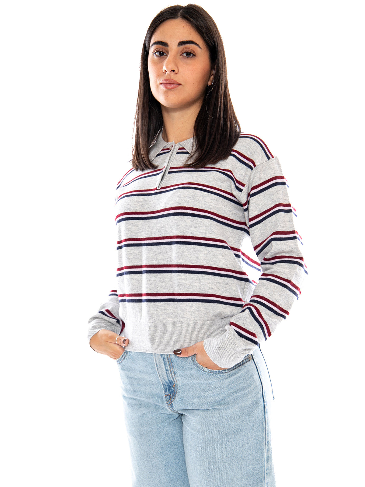 Levi's Super Soft LS Polo Jade Stripe Light Grey Heather - Maglia Donna Grigia a Righe 007VY 0001 LEVIS 
