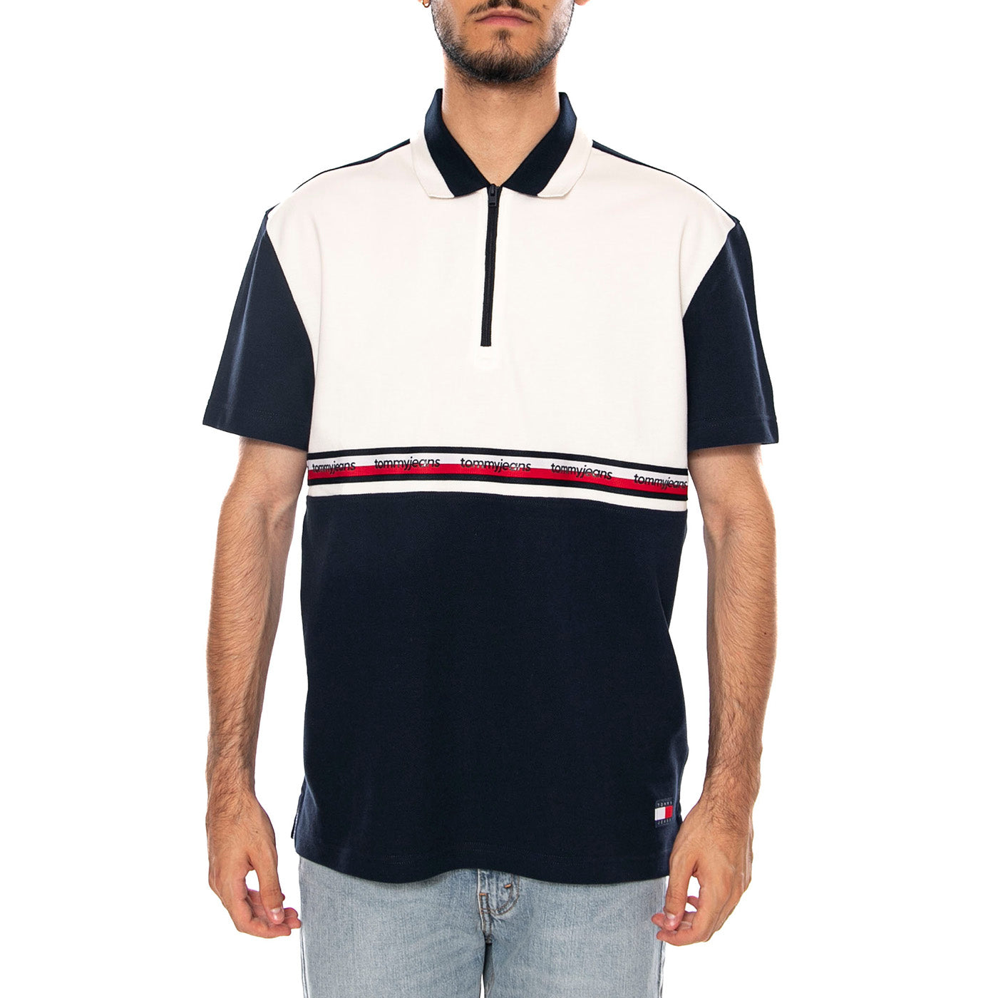 TJM RLX TAPE ZIP POLO ANCIENT WHITE COLORBLOCK - Polo Uomo Bianca / Multicolore DM0DM23242 YBH TOMMY HILFIGER 