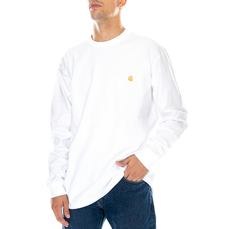 L/S CHASE T-SHIRT WHITE / GOLD - Maglietta Girocollo Maniche Lunghe Uomo Bianca I026392 00RXX CARHARTT WIP 