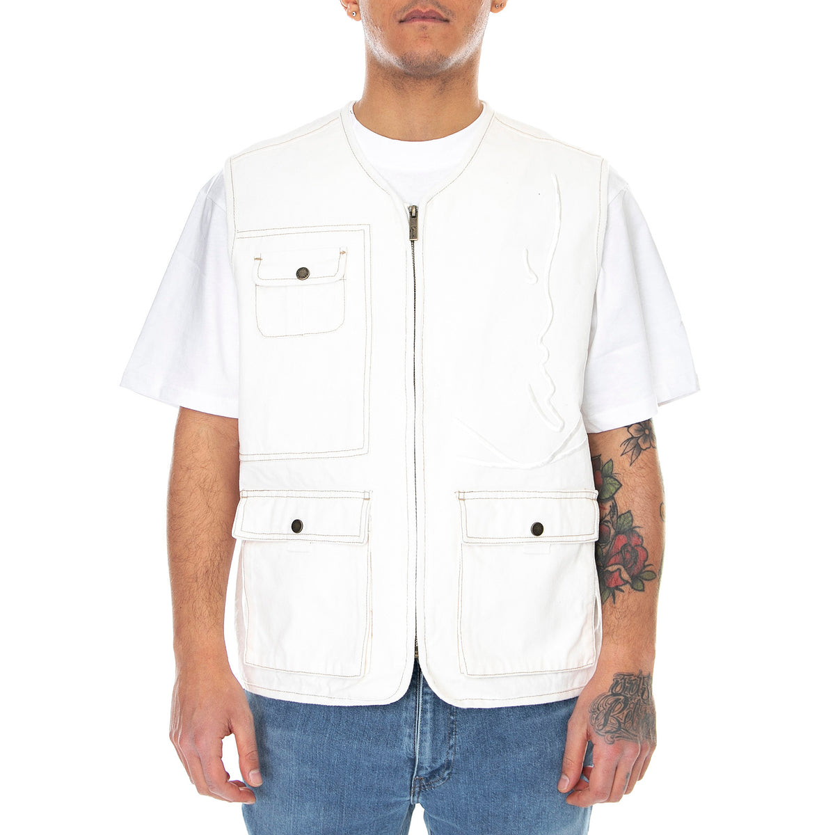 Mens Signature Utility Vest Jacket - Off White - Giacca Estiva Smanicata Uomo Bianca KRCKKMQ12162OWHT . KARL KANI 