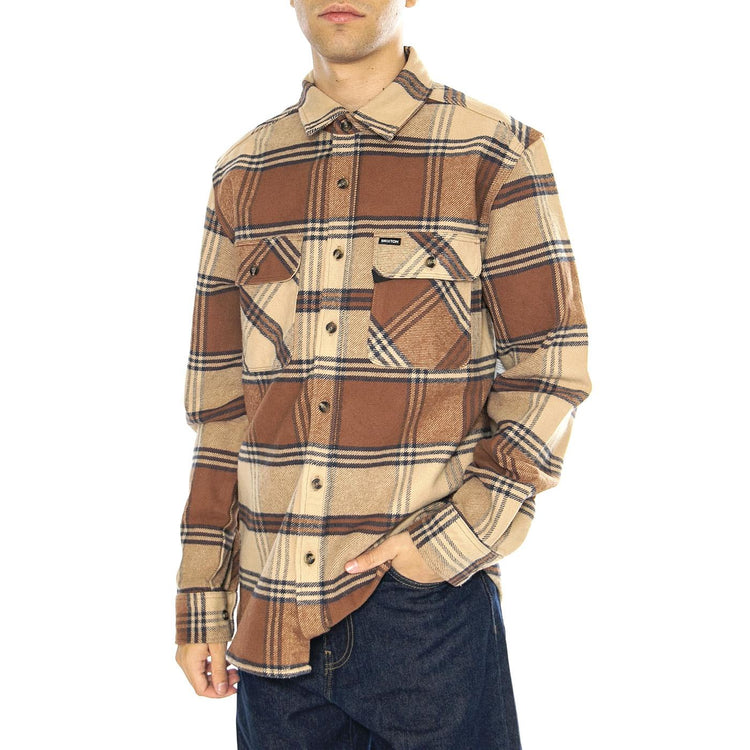 Bowery Heavy Weight L/S Flannel Sand / Bison - Camicia Uomo Multicolore 01297-SNDBS . BRIXTON 
