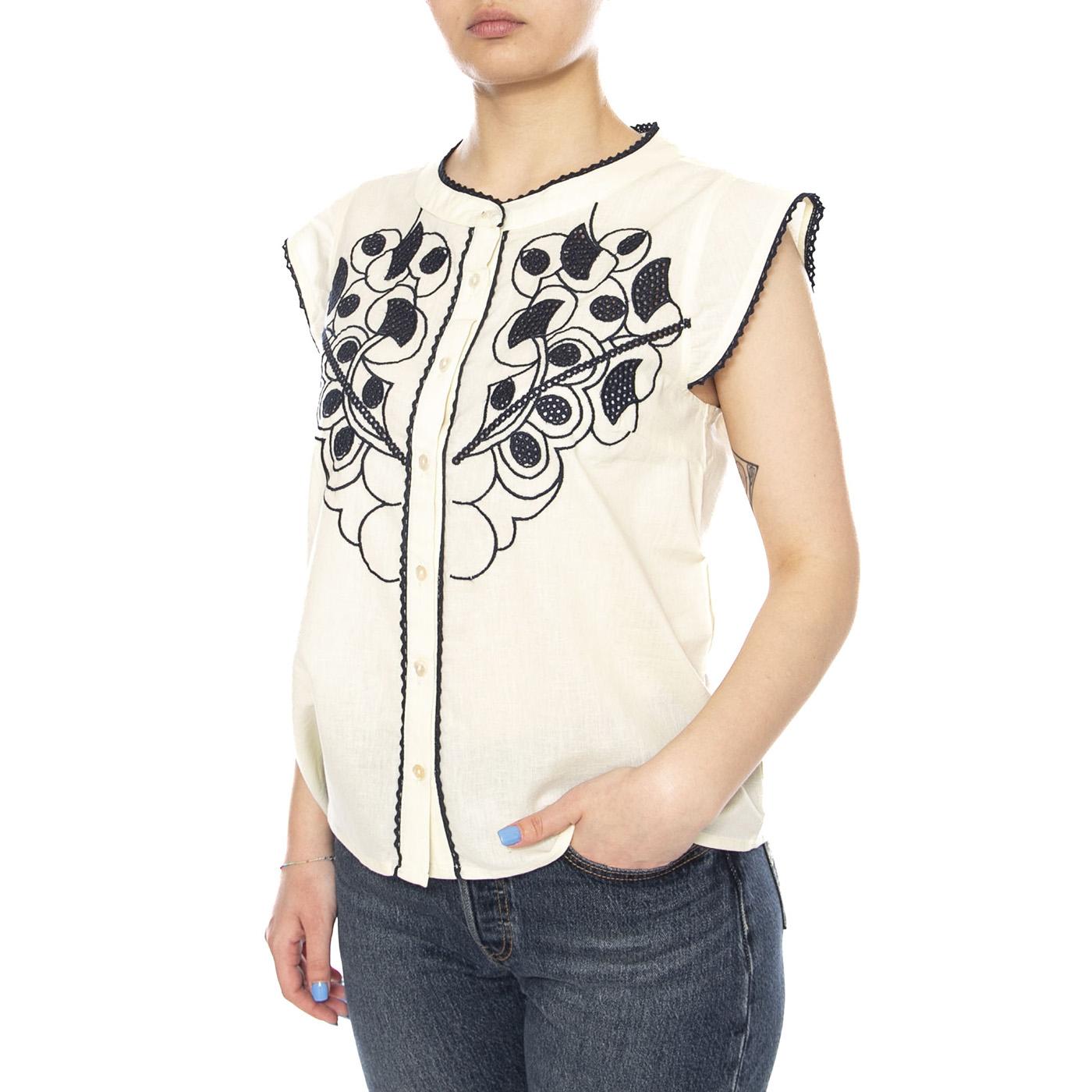 BLOUSE ECRU - Camicia Smanicata Donna Ecrù con Ricami a Contrasto 4.61.689.30 101 MD'M 
