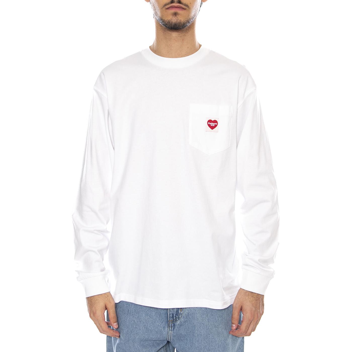 L/S Pocket Heart T-Shirt White / Red - Maglietta Girocollo Maniche Lunghe Uomo Bianca I035300.1WZXX . CARHARTT WIP 