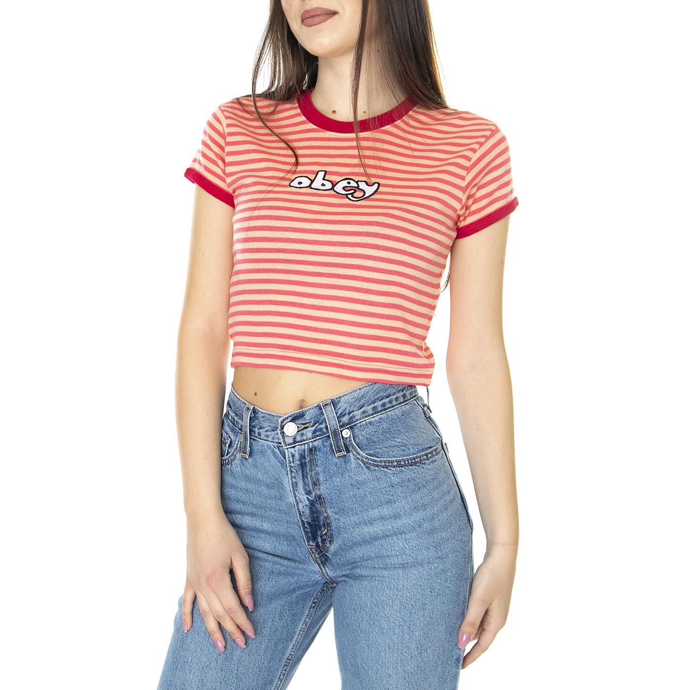 W' Zoe Baby Ringer Tee Pink Punch Multi - Maglietta Girocollo Donna Multicolore 231080147-PIN  OBEY 