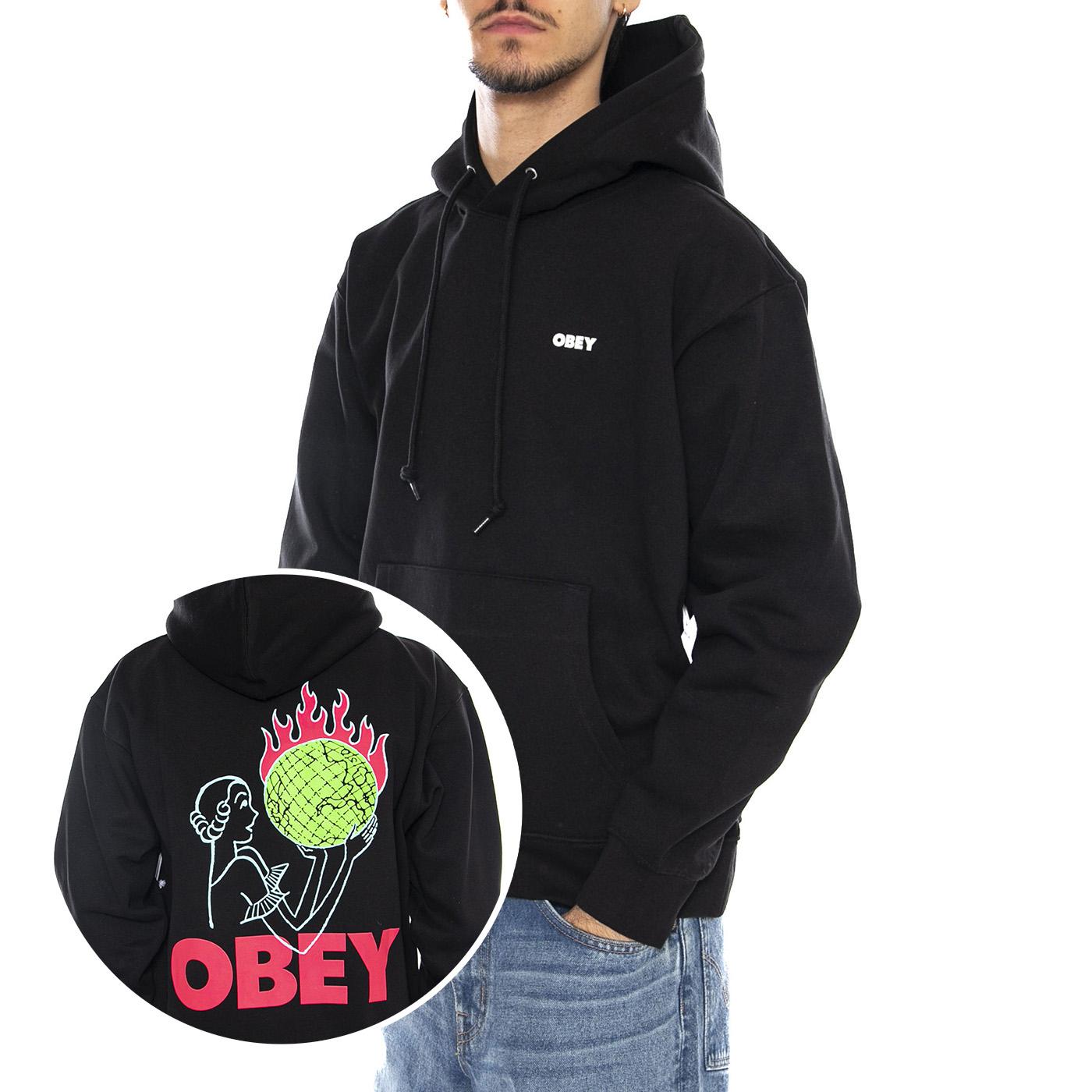 OBEY World In Flames Fleece Black - Felpa con Cappuccio Uomo Nera 112844236 BLK OBEY 
