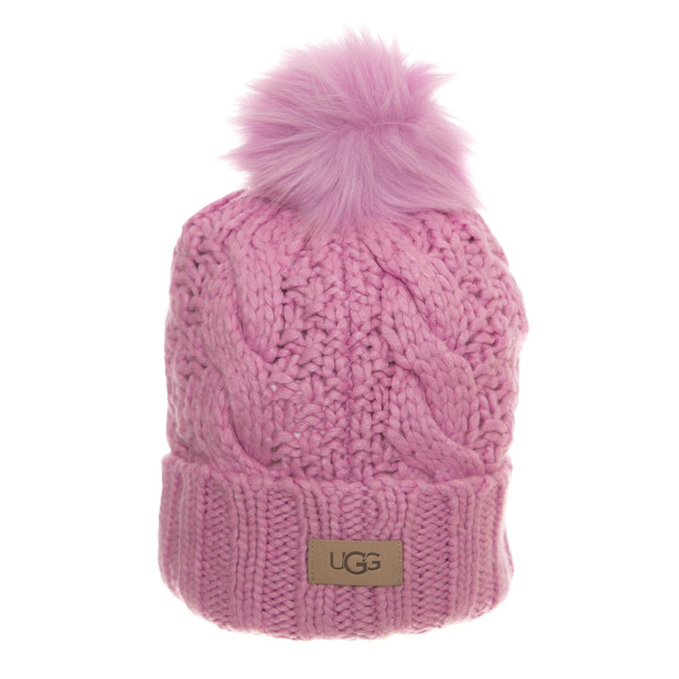 W Knit Cable Hat W F Fur Pom Rose Quartz - Cappellino Rosa UGA20060-RSQ  UGG 