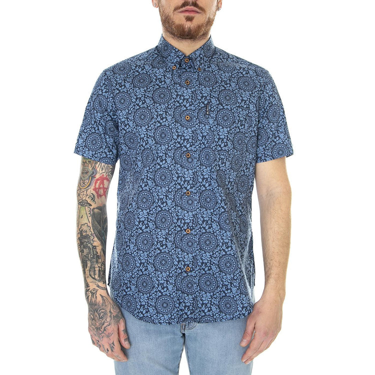 M' Floral Print Blue Denim - Camicia Maniche Corte Uomo Blu 66662-850  BEN SHERMAN 