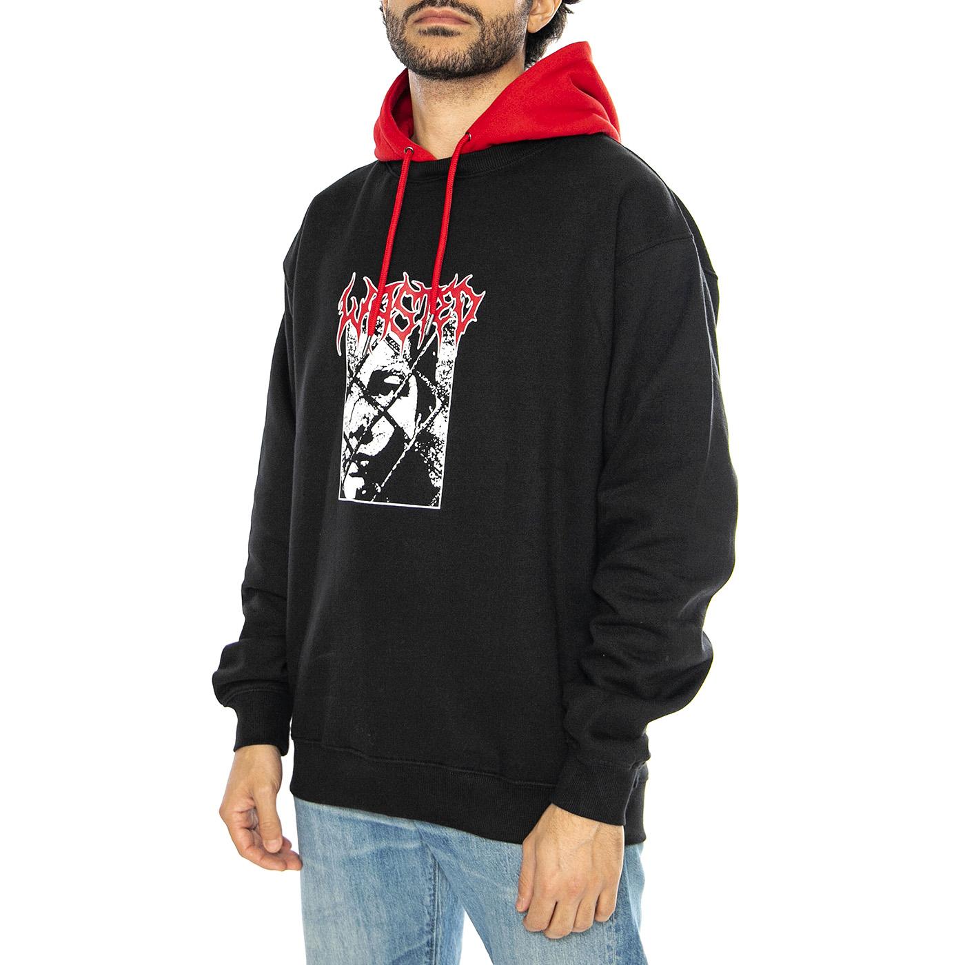 Hoodie Telly Wire Black / Fire Red - Felpa con Cappuccio a Contrasto Uomo Nera HOODIE TELLY WIRE - BLACK/FIRE RED  WASTED PARIS 
