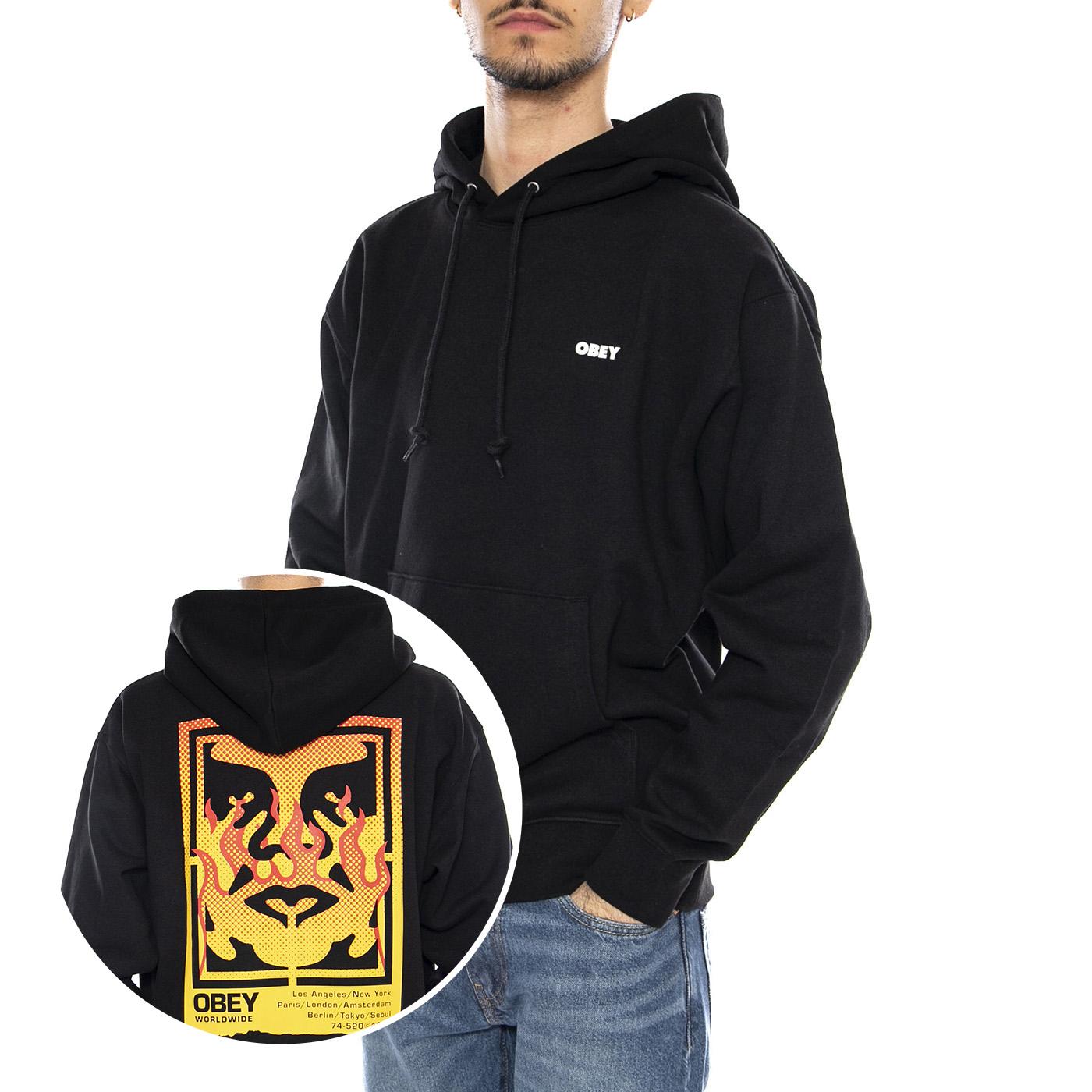 Obey Icon Stencil Flame Fleece -- Felpa con Cappuccio Uomo Nera 117464048 BLK OBEY 