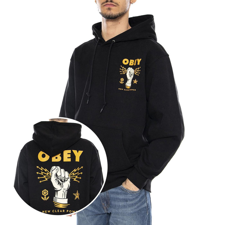 Obey New Clear Power Hood Fleece Black -- Felpa con Cappuccio Uomo Nera 117463779 BLK OBEY 