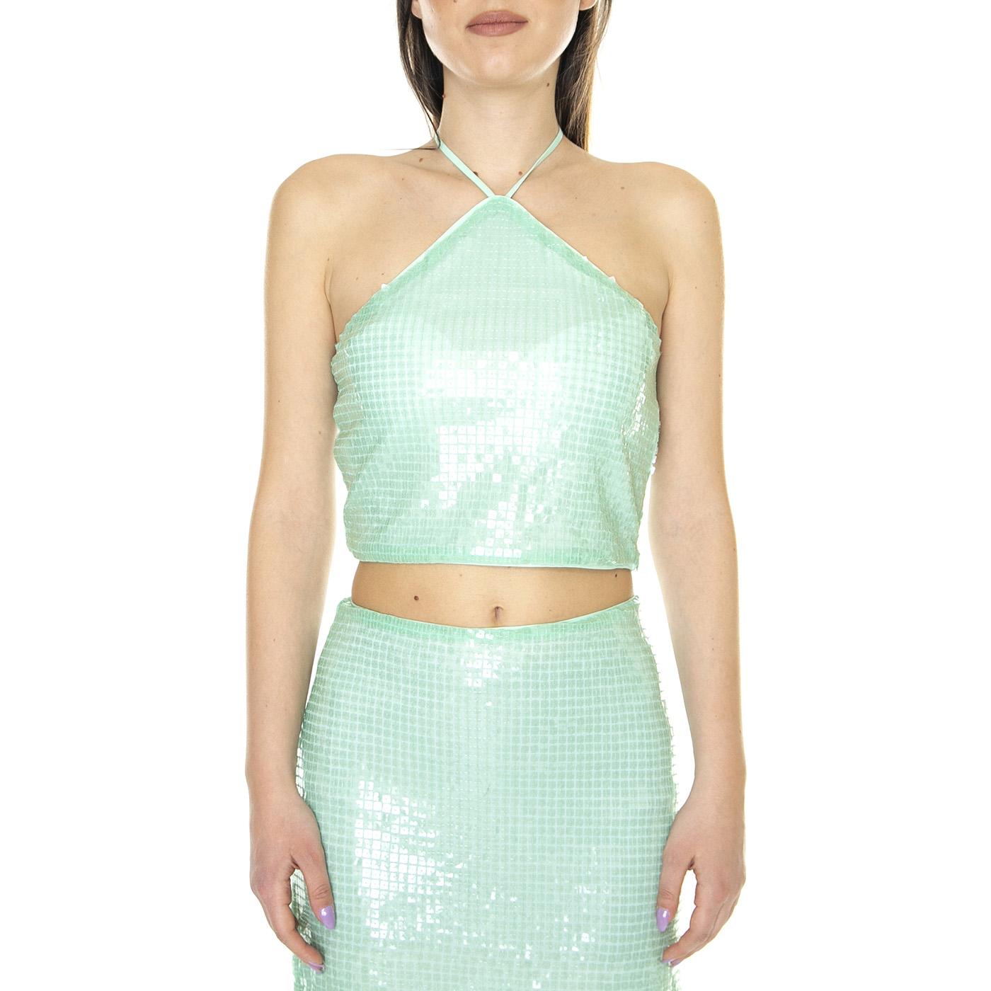 W' Crop Top con Escote Halter y Lentejuelas Azules - Top Donna Verde 31W/11233  WILD PONY 