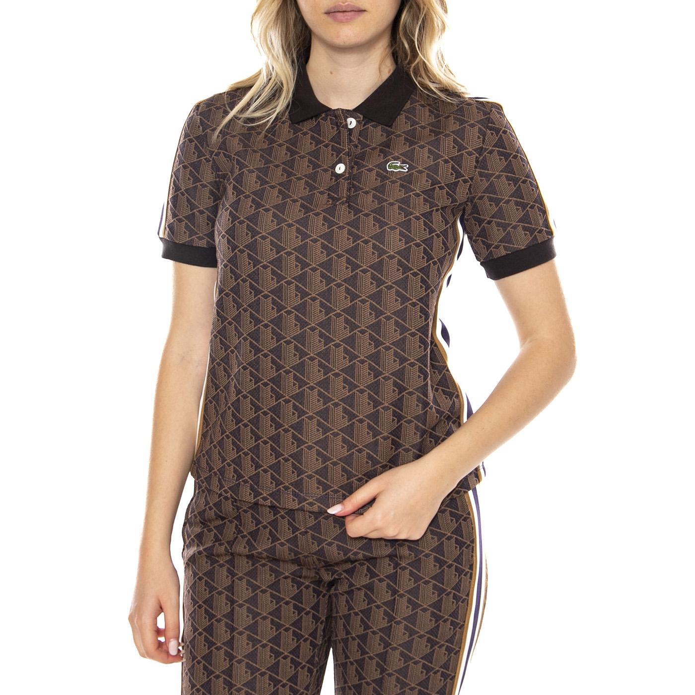 Polo Maglietta M/C 9I4 Lacoste -- Polo Donna Marrone con Logo All Over DF3364-9I4 . LACOSTE 