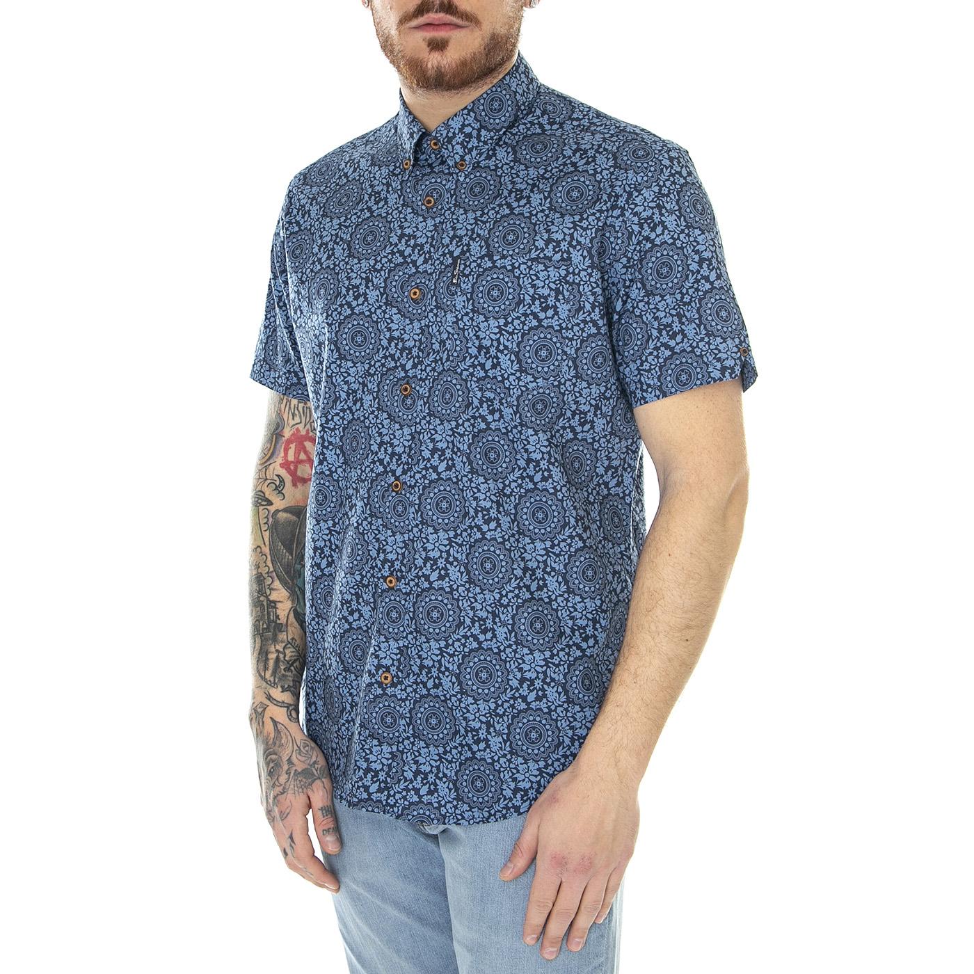 M' Floral Print Blue Denim - Camicia Maniche Corte Uomo Blu 66662-850  BEN SHERMAN 