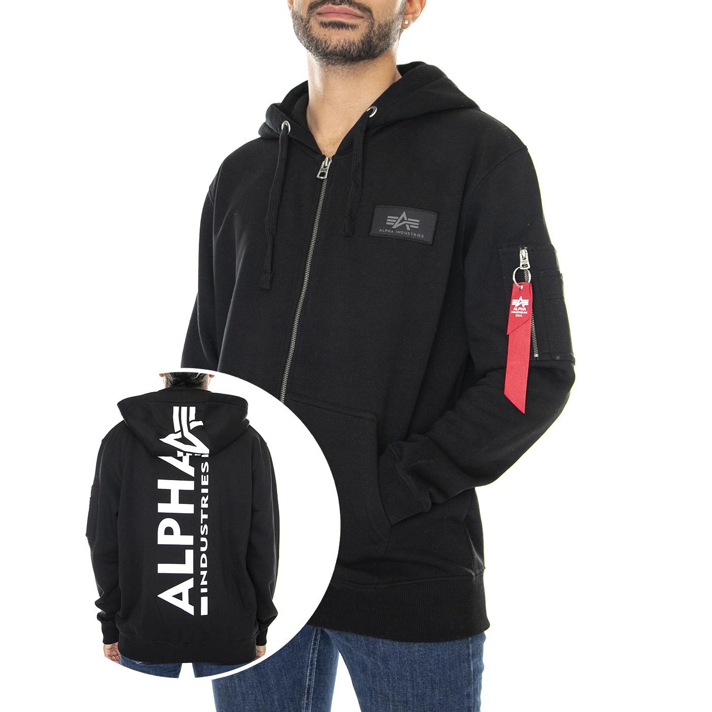 Back Print Zip Hoody Black - Felpa con Cappuccio e Zip Uomo Nera 128342-03  ALPHA INDUSTRIES 