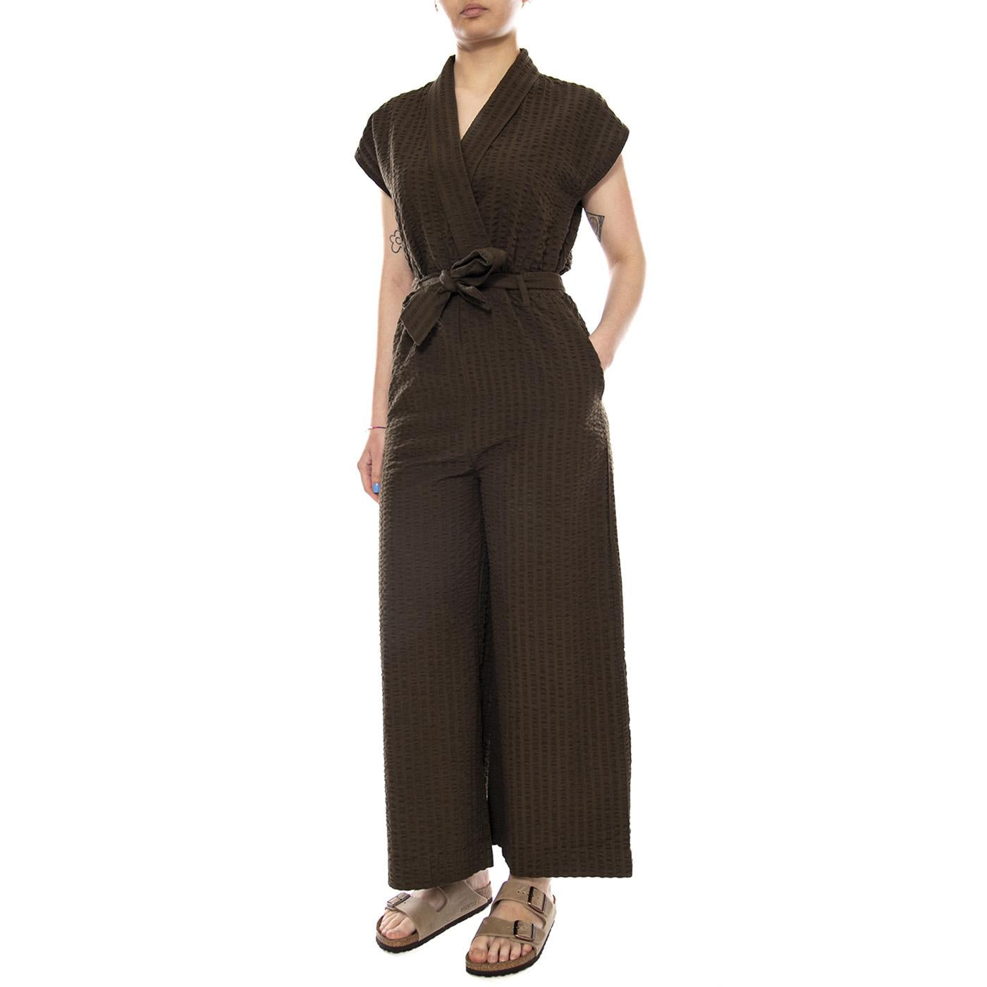 WOOD SEERSUCKER MALAWI JUMPSUIT BROWN - Tuta Elegante Donna Marrone WJS00129 BRN THINKING MU 