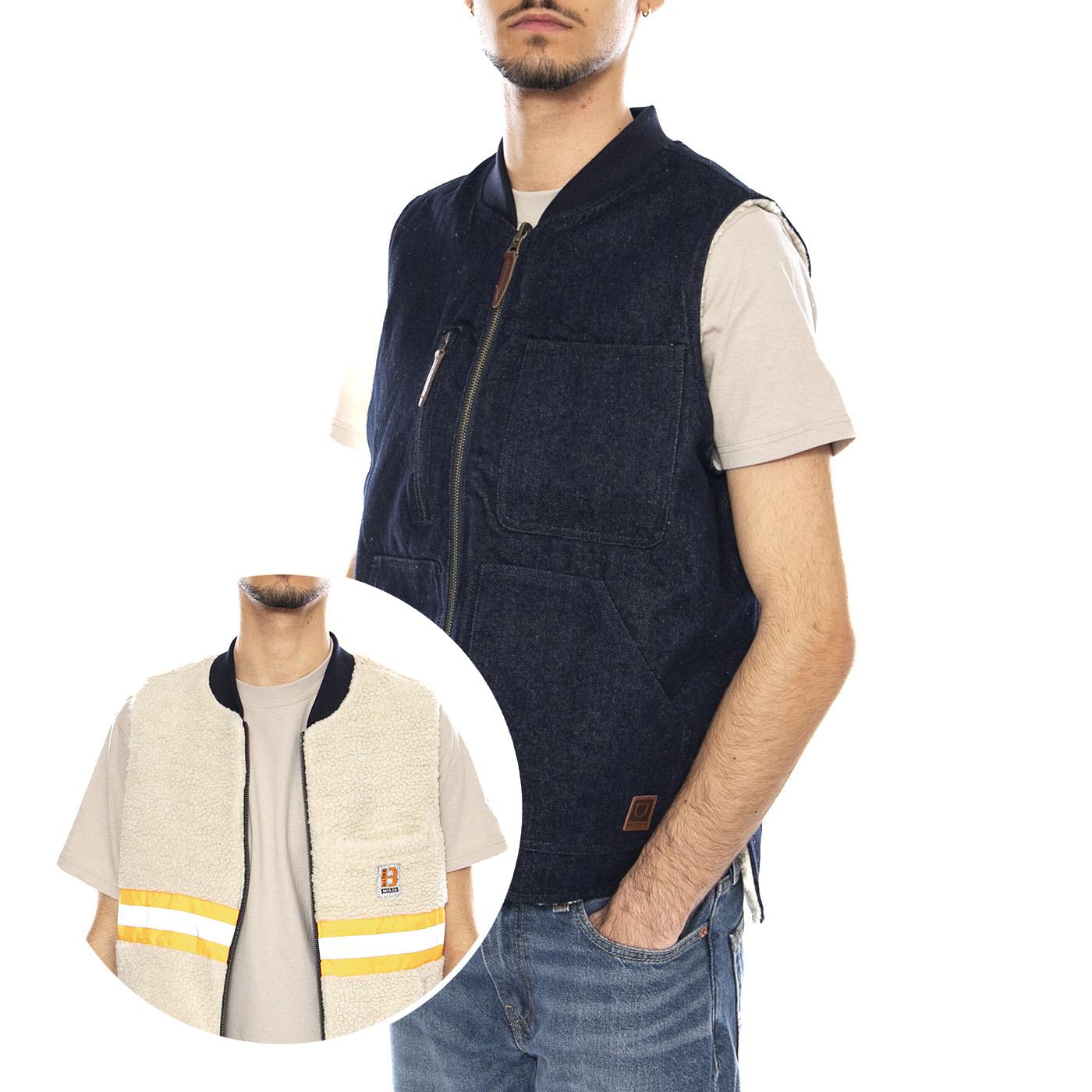 Builders Abraham Rev Vest -- Gilet Uomo Reversibile Rinse Denim Sherpa 03412 RNDNS BRIXTON 