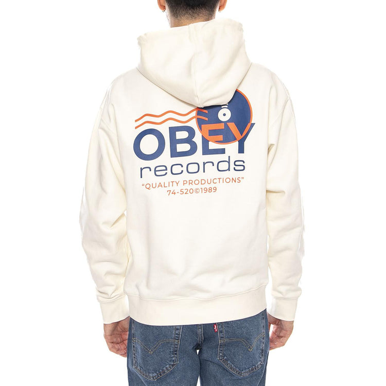 Obey Records Sound Waves Fleece Unbleached -- Felpa con Cappuccio Uomo Beige Naturale 117464050 UBL OBEY 
