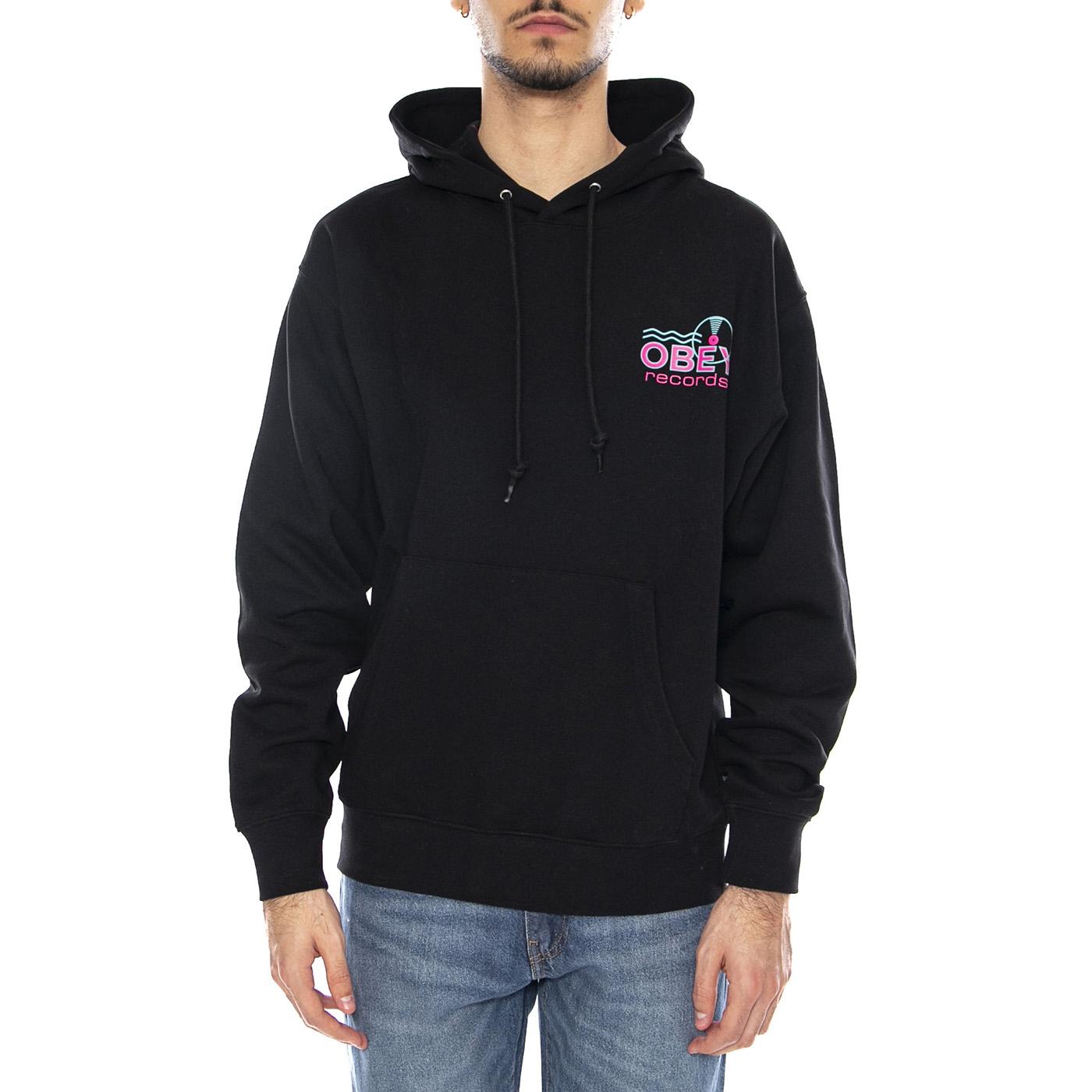 Obey Records Sound Waves Fleece Black -- Felpa con Cappuccio Uomo Nera 117464050 BLK OBEY 