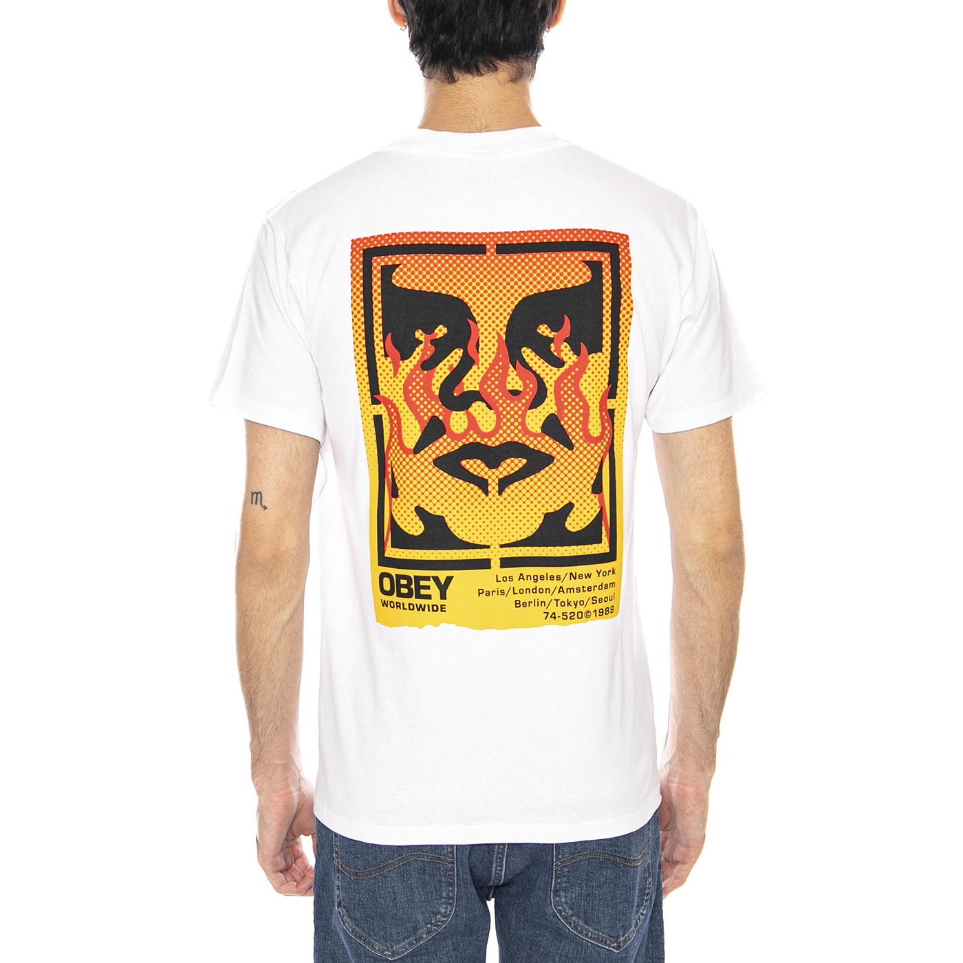 Obey Icon Stencil Flame Tee White - Maglietta Girocollo Uomo Bianca 165264048 WHT OBEY 