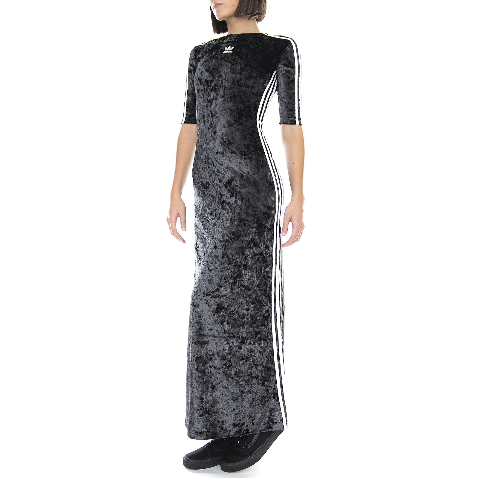Adidas Logo Velvet Long Dress - Black - Vestito Donna Lungo Nero | eBay